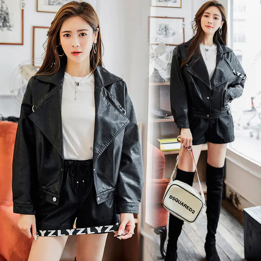 V-Neck Long Sleeve Leather Jacket