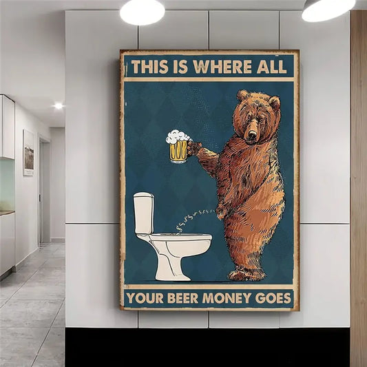 "Funny Drunk Bear Poster Art for Bathroom Wall Decor"