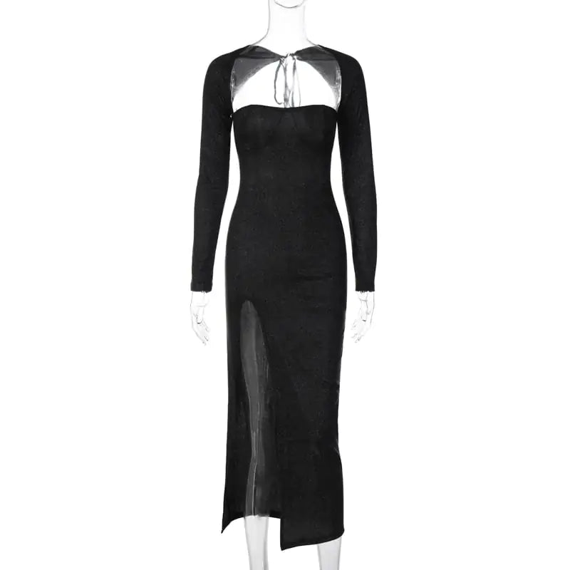 Hollow Out Slim Fit Long Sleeve Slit Dress