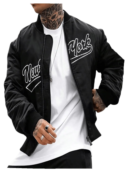 Mens Letter Printed Long Sleeve Bomber Jackets Zip Up Outerwear Coats Black X-Small