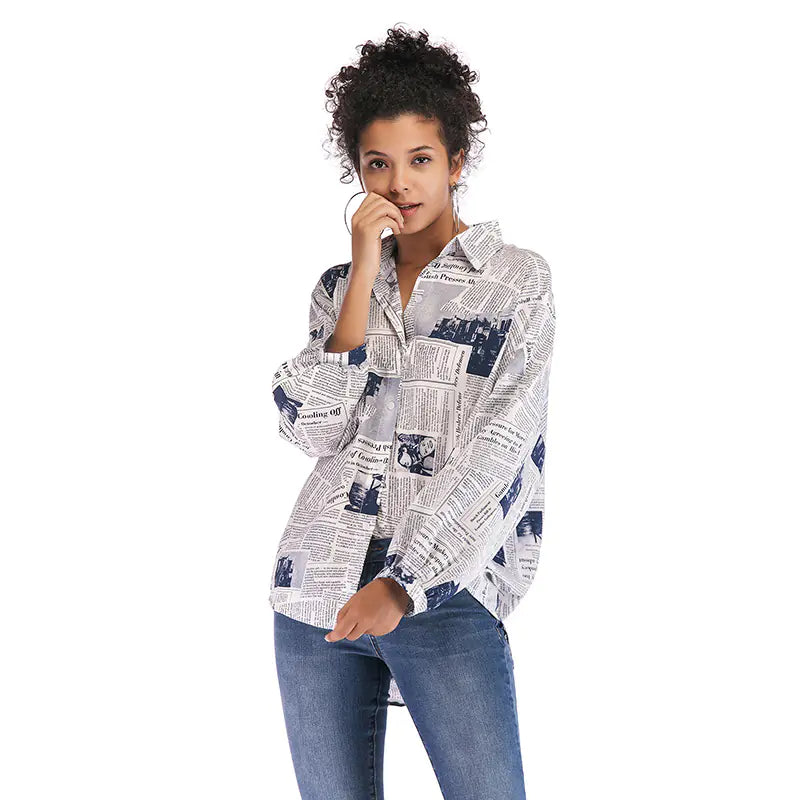 Women's Long Sleeve Letter Print Newspaper Shirt