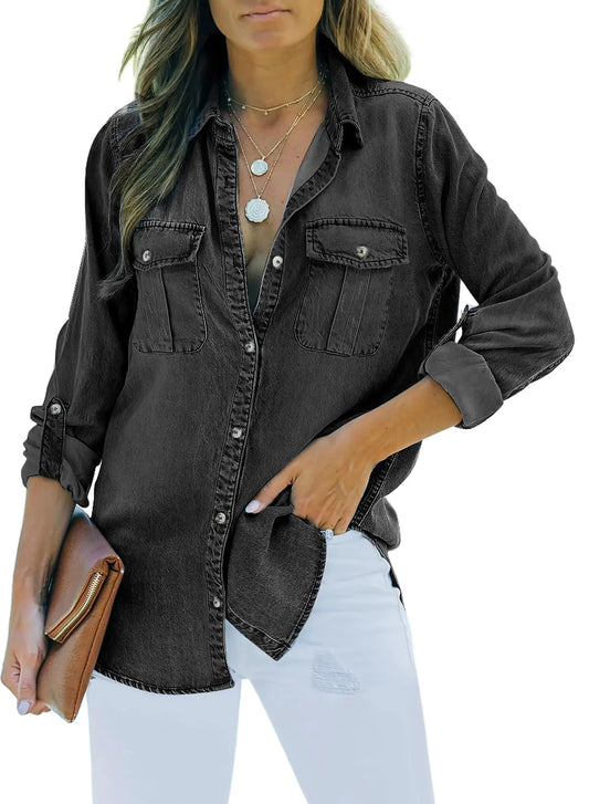 Womens Denim Tops Long Sleeve Shacket Jackets Button Down Collared Jean Coat Deep Black Medium