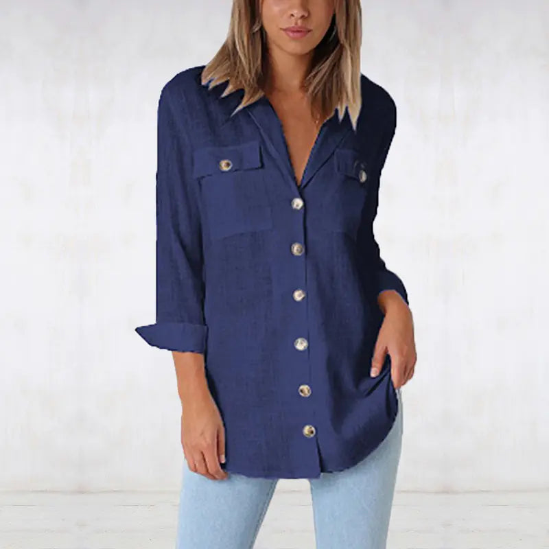 Buttoned V-Neck Long Sleeve Shirt