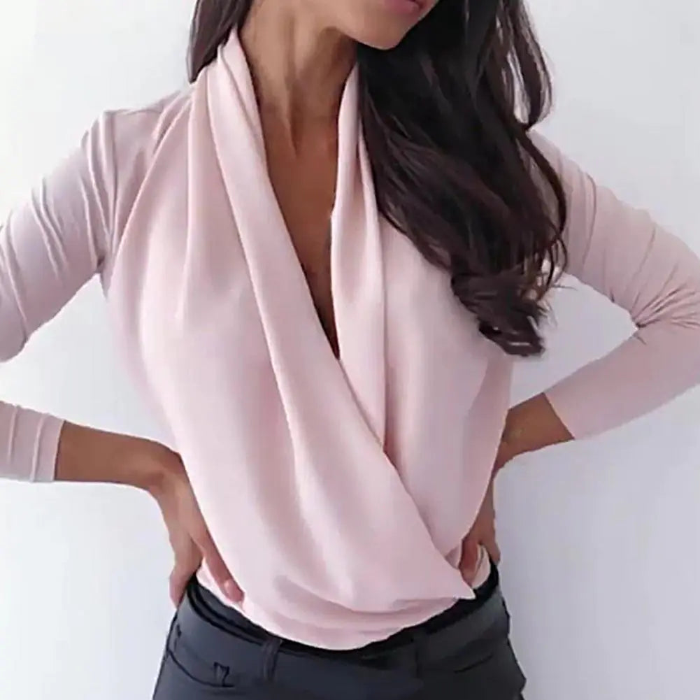 V Neck Slim Long Sleeve Women's Blouse for Office & Parties