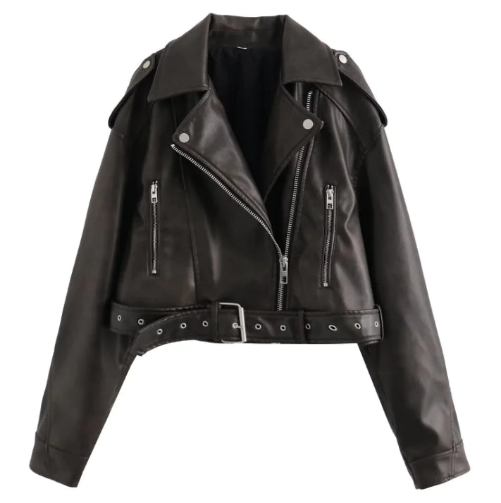 V-Neck Long Sleeve Leather Jacket