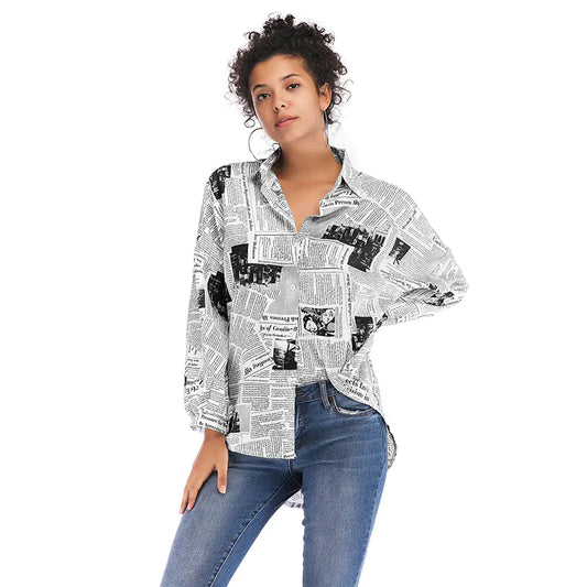 Women's Long Sleeve Letter Print Newspaper Shirt