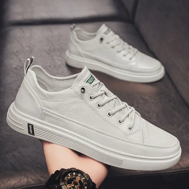 Men's Casual Low Top Breathable White Leather Sneakers