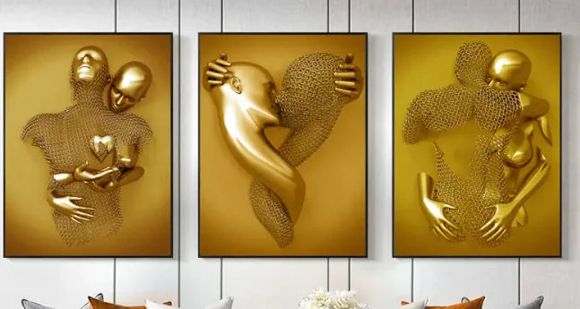3pcs Golden Metal Figure Wall Canvas Art Decor 15.7x23.6in