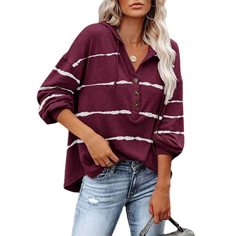 V-neck Buttoned Casual Hooded Top