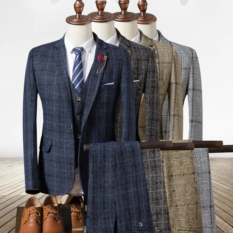 Men's Slim Fit Plaid Suit Set - Stylish Casual Attire