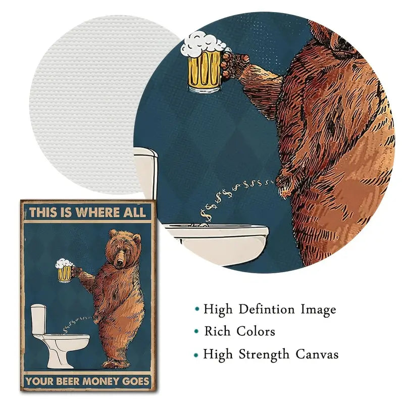 "Funny Drunk Bear Poster Art for Bathroom Wall Decor"