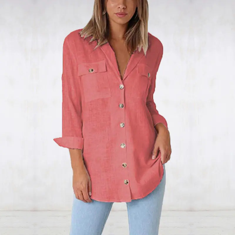 Buttoned V-Neck Long Sleeve Shirt