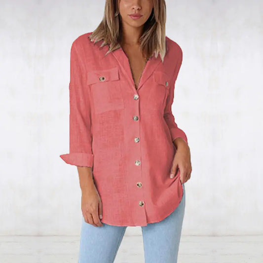 Buttoned V-Neck Long Sleeve Shirt