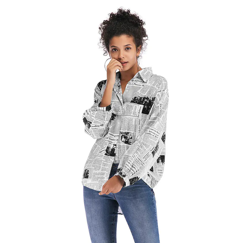 Women's Long Sleeve Letter Print Newspaper Shirt