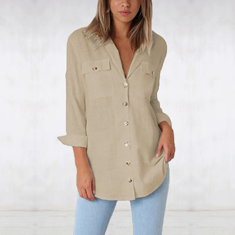Buttoned V-Neck Long Sleeve Shirt