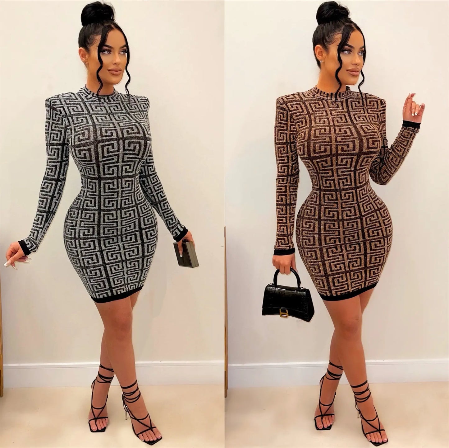 Geometric Pattern Sheer Mesh Long Sleeve Dress