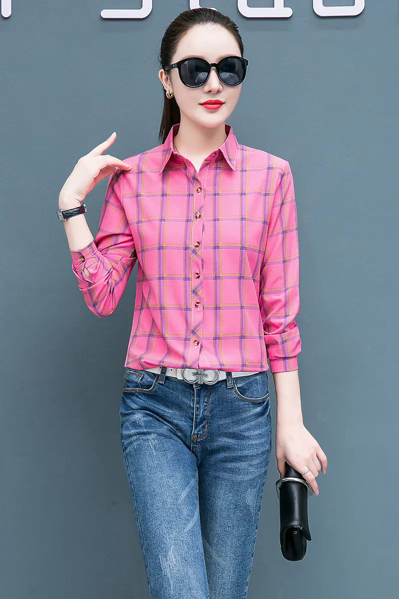 Women's Long Sleeve Cotton Plaid Shirt