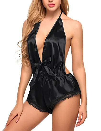 Silky Deep V Backless Lingerie Nightgown