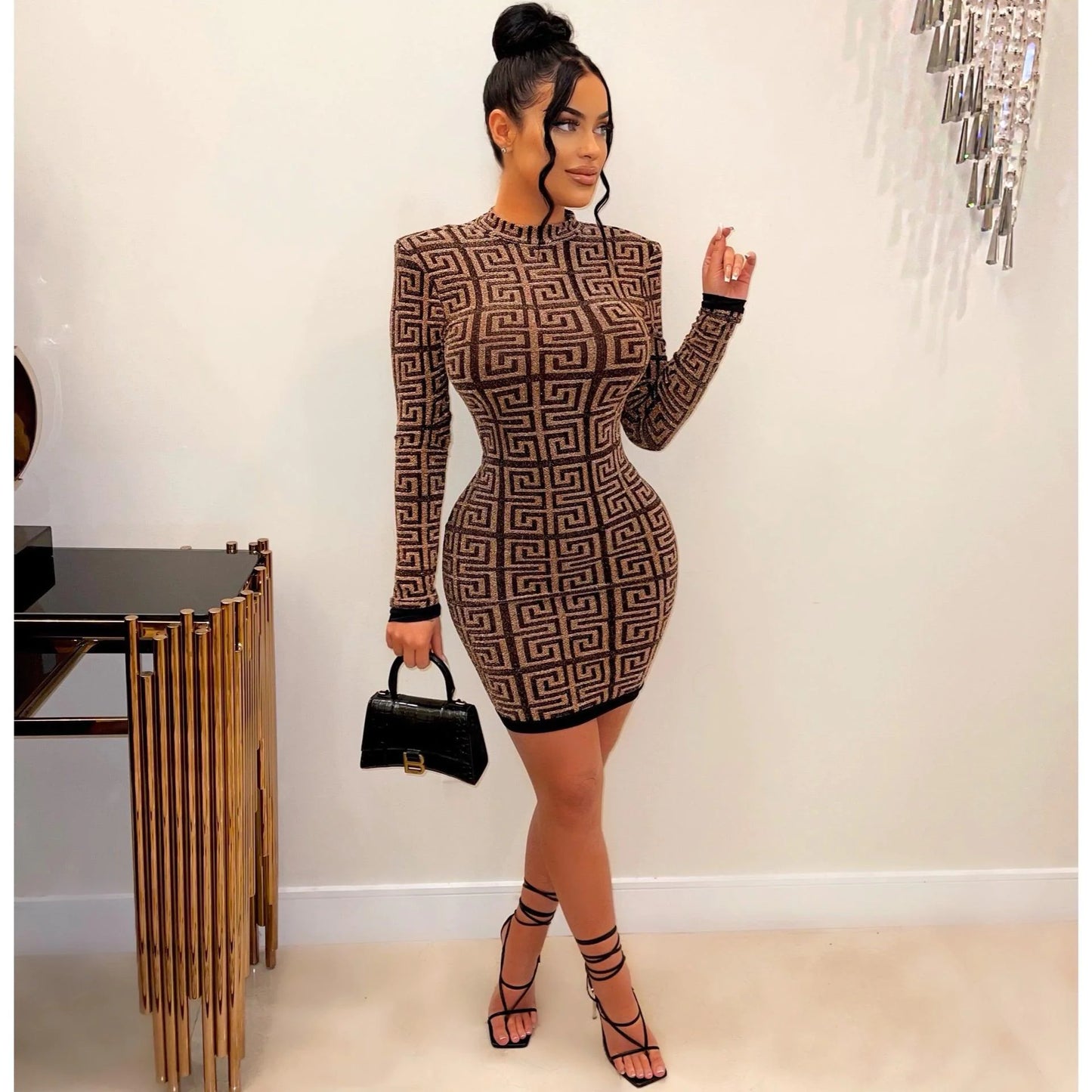 Geometric Pattern Sheer Mesh Long Sleeve Dress