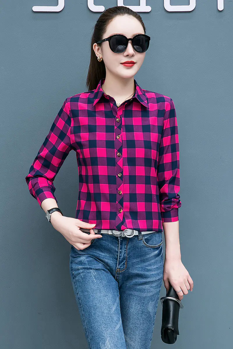 Women's Long Sleeve Cotton Plaid Shirt