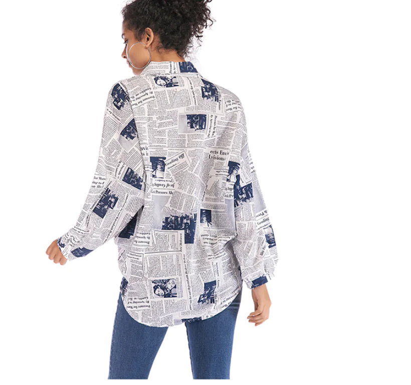 Women's Long Sleeve Letter Print Newspaper Shirt