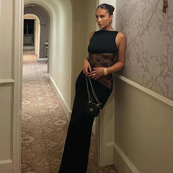 Elegant Sheer Lace Backless Dress