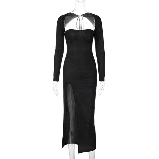 Hollow Out Slim Fit Long Sleeve Slit Dress
