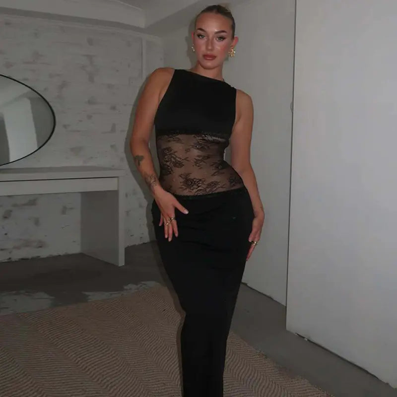 Elegant Sheer Lace Backless Dress