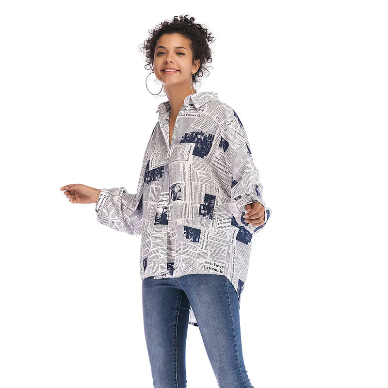Women's Long Sleeve Letter Print Newspaper Shirt