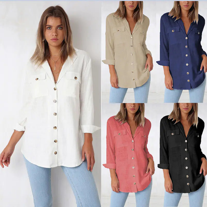 Buttoned V-Neck Long Sleeve Shirt