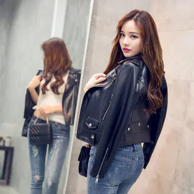 Women's Short PU Leather Motorcycle Jacket