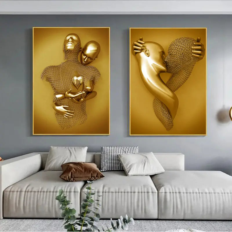 3pcs Golden Metal Figure Wall Canvas Art Decor 15.7x23.6in