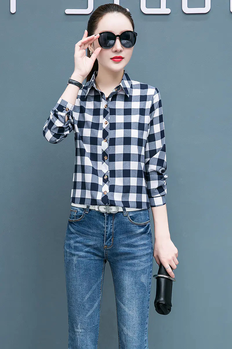 Women's Long Sleeve Cotton Plaid Shirt