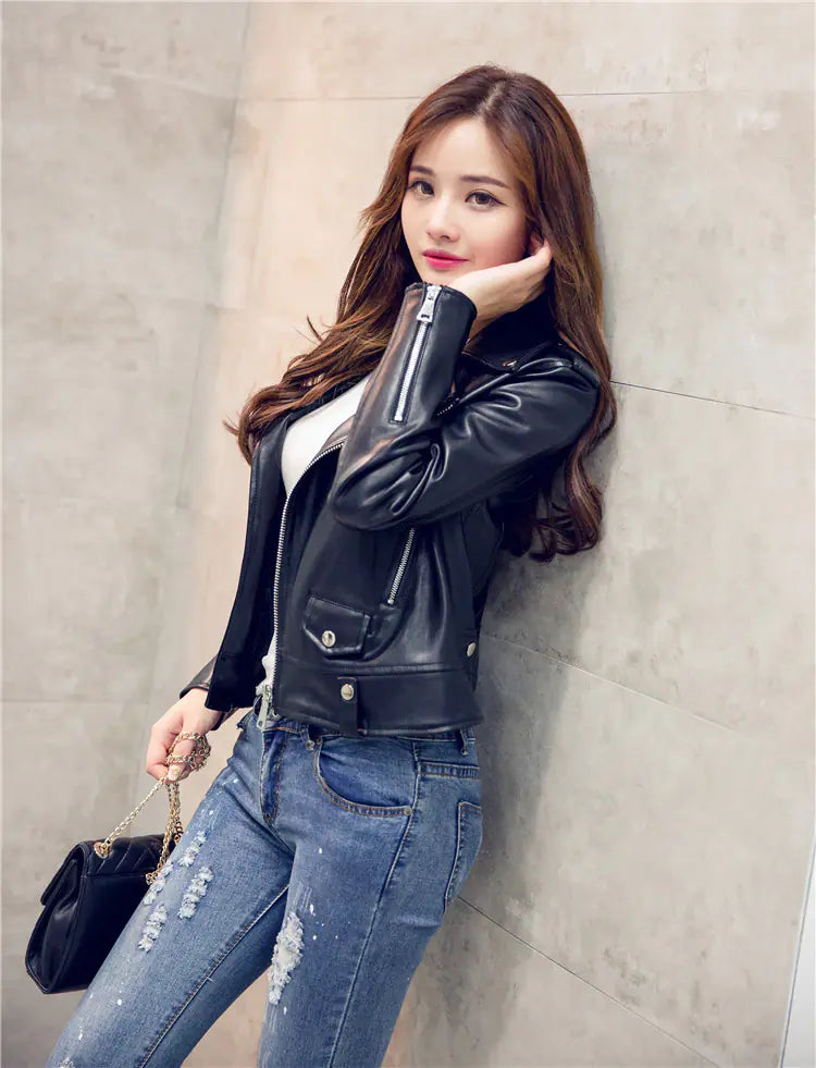 Women's Short PU Leather Motorcycle Jacket