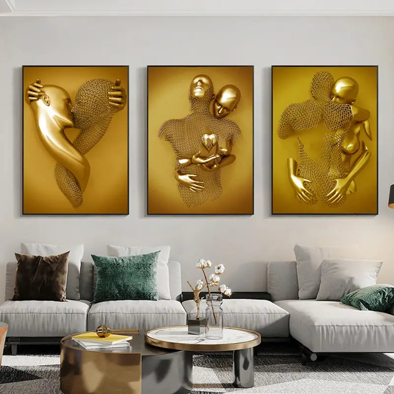 3pcs Golden Metal Figure Wall Canvas Art Decor 15.7x23.6in
