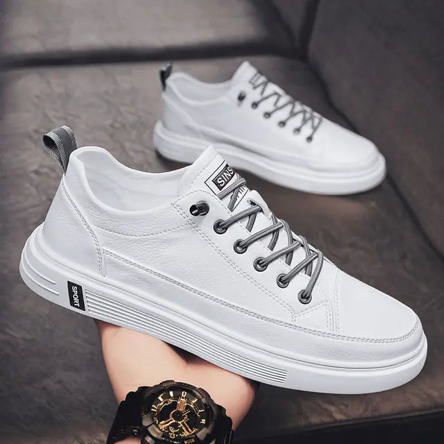 Men's Casual Low Top Breathable White Leather Sneakers
