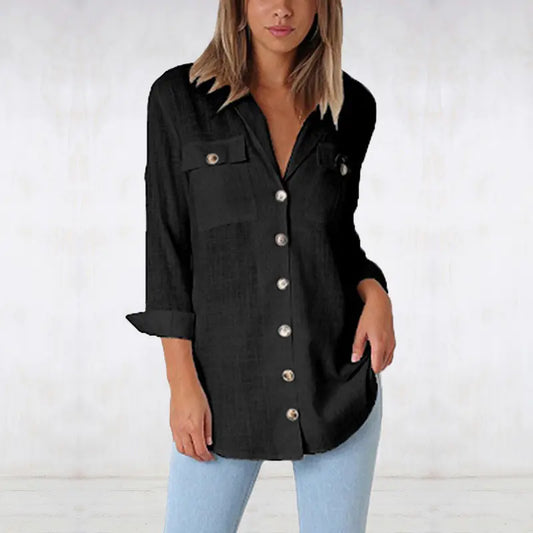 Buttoned V-Neck Long Sleeve Shirt