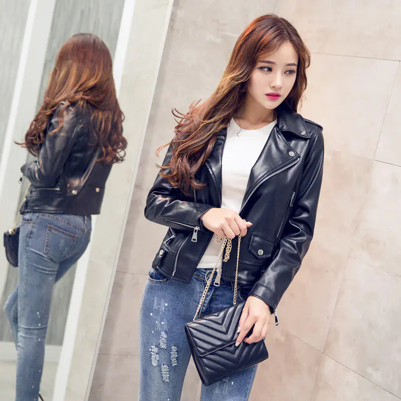Women's Short PU Leather Motorcycle Jacket