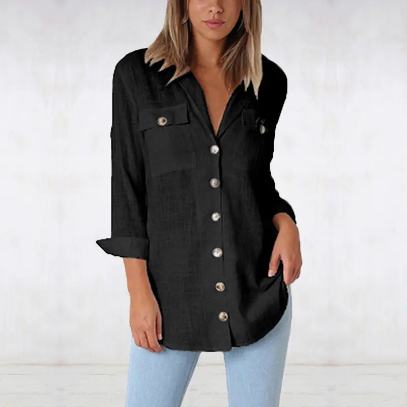 Buttoned V-Neck Long Sleeve Shirt
