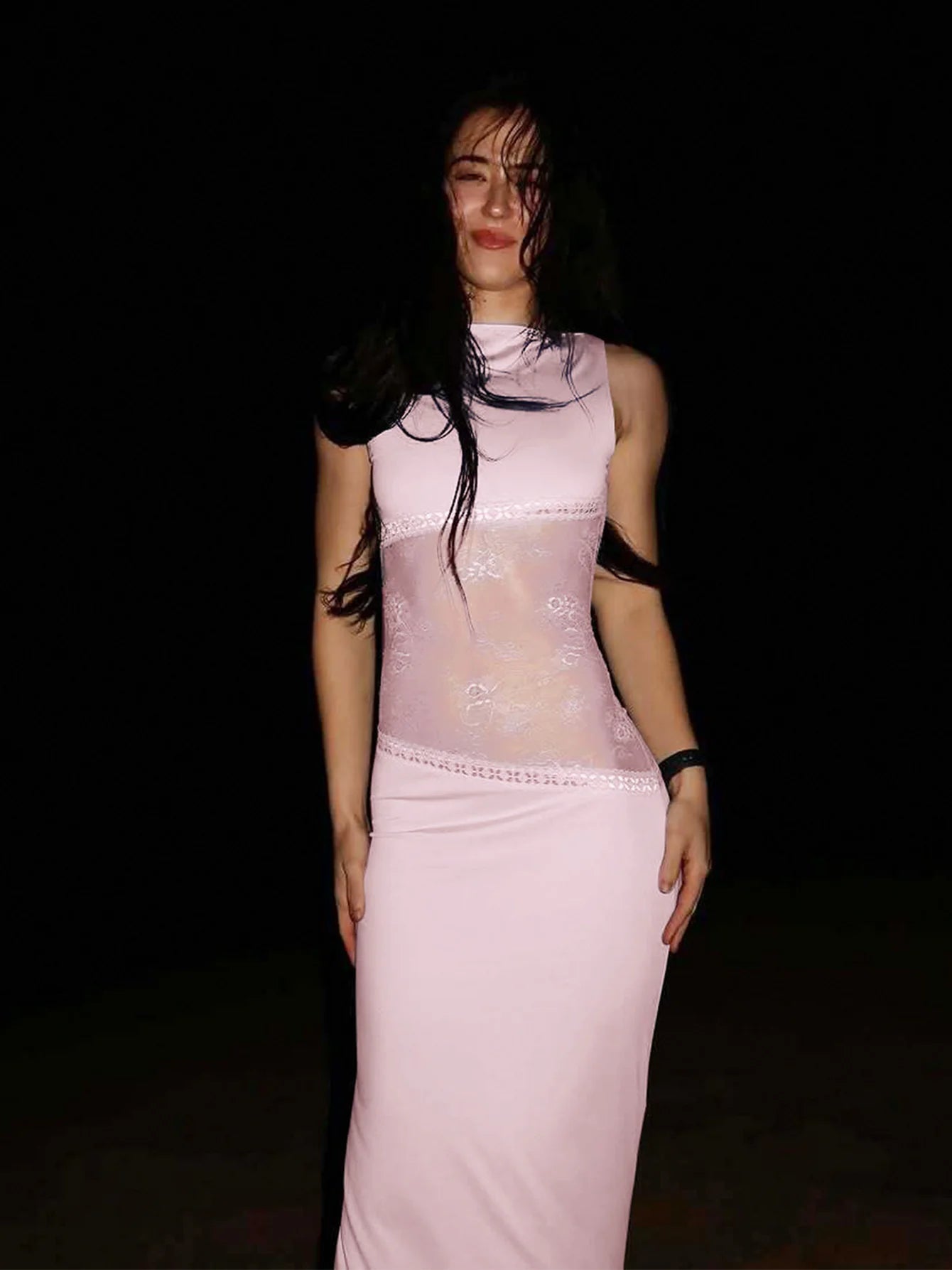 Elegant Sheer Lace Backless Dress